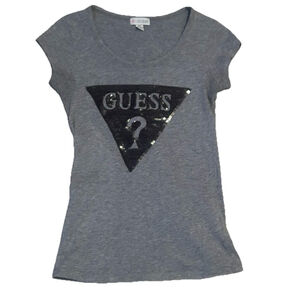 GUESS Women’s Black and Gray Tee Sequin Logo Size X-Small